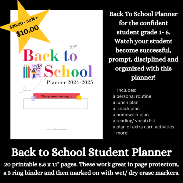 Back to School Planner early elementary student 2024-2025