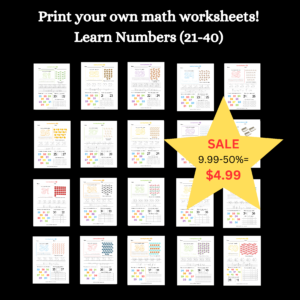 20 printable worksheets learning numbers 21- 40.