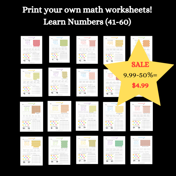 Learning Numbers Worksheets 41- 60